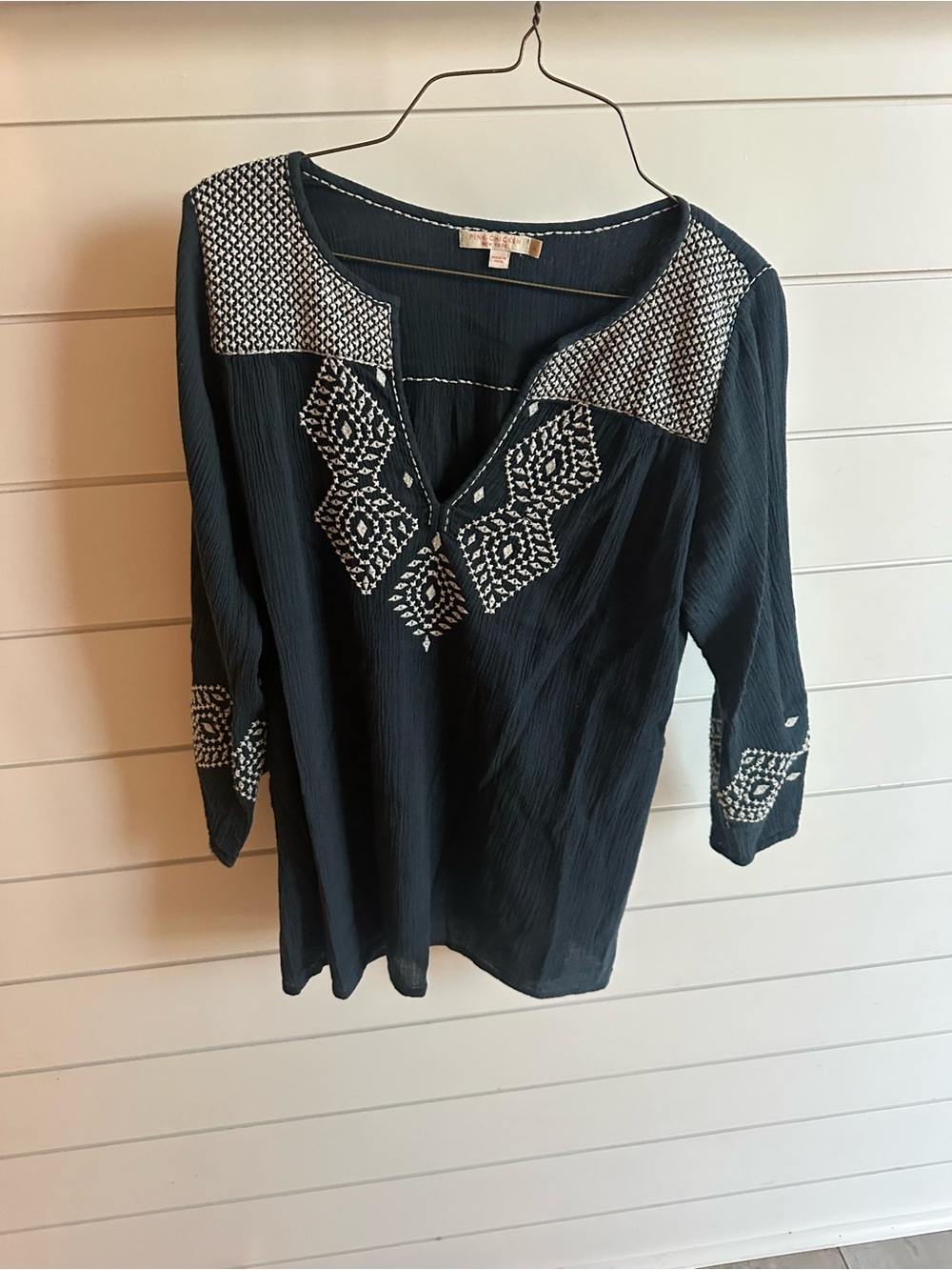 Pink Chicken Navy Blue Embroidered Peasant Blouse